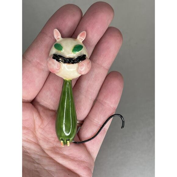 Vintage Sandor Kitty Cat Enamel Gold Tone Pin Brooch Green Eyes Unique - Picture 4 of 7